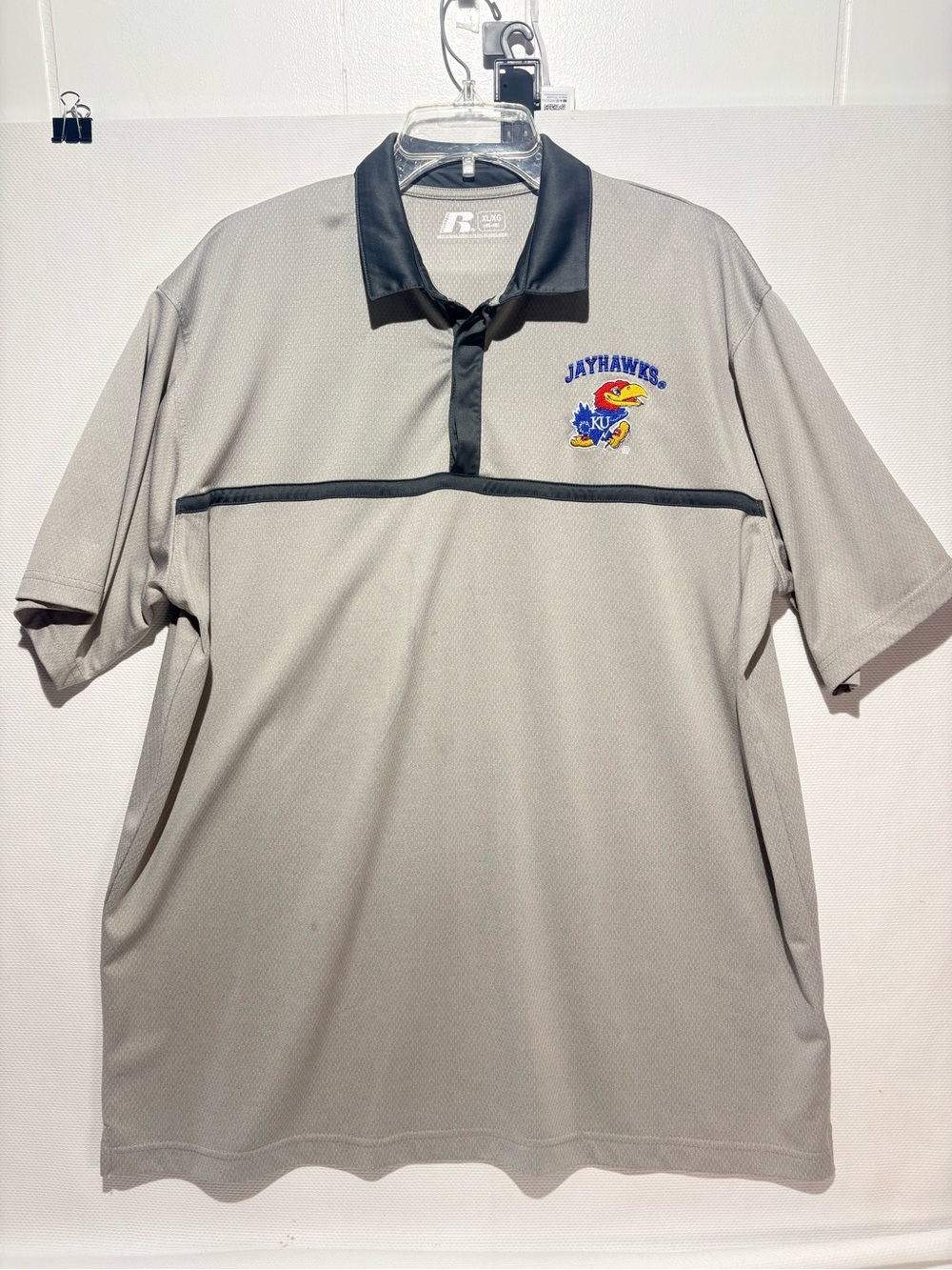 Russell Athletic Light Gray Polo with Dark Gray Trim and Jayhawks Logo